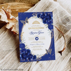 Modello di invito floreale blu reale Quinceañera fiore farfalle Mis Quince 15 Anos compleanno modificabile invito tiara corona Scarica FLO44