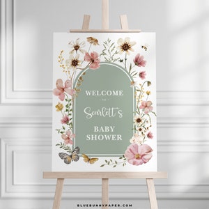 Editable Wildflower Baby Shower Welcome Sign, Sage Green Floral Garden Party Corjl Template, Dusty Pink Baby in Bloom Printable Decor, FLO32