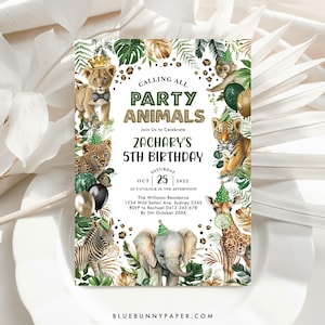 Editable Party Animals Birthday Invitation Safari Jungle Animals Birthday Boy Tropical Leaves Elephant Tiger Leopard Print Download, SAF4