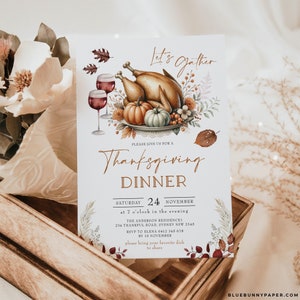 Thanksgiving Invitation, Fall Friendsgiving Invite, Pumpkin Thanksgiving Potluck, Let&#39;s Gather Invitation Download, EDITABLE TEMPLATE, TGV1