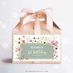 Editable Wildflower Birthday Party Favors, Boho Sage Green Gable Box Label, Baby in Bloom Gift Box Label, Dusty Pink Floral Template, FLO32