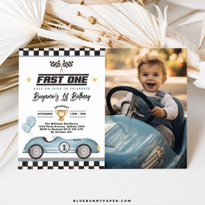 Editable Fast One 1st Birthday Invitation Racing Car Boy First Birthday Invite Vintage Blue Race Car Party Printable Template Download RC1