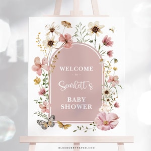 Editable Wildflower Baby Shower Welcome Sign, Pink Pastel Color Scheme Corjl Template, Printable JPEG & PDF, Floral Baby Shower Decor FLO32
