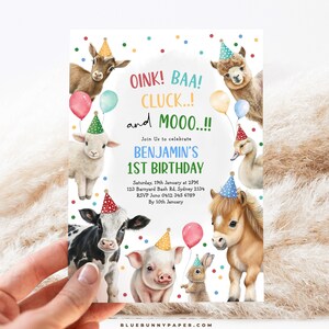 May include: A colorful invitation for a 1st birthday party with a farm animal theme. The invitation features a variety of farm animals, including a goat, sheep, cow, pig, rabbit, alpaca, and a horse, all wearing party hats. The text on the invitation reads "OINK! BAA! CLUCK..! and MOOO..!! Join Us to celebrate BENJAMIN'S 1ST BIRTHDAY Saturday, 19th January at 2PM 123 Barnyard Bash Rd. Sydney 2134 RSVP Juno 0412 345 6789 By 10th January"