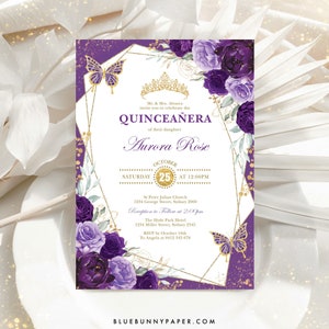 Purple Lilac Quinceañera Invitation Violet Gold Butterflies Mis Quince Anos 15th Birthday Editable Template Sweet 16 Printable Download FLO9