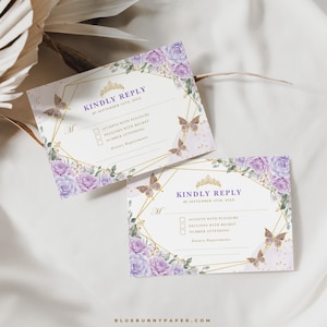 Purple Gold Quinceañera RSVP Card EDITABLE Mis Quince 15 Anos Birthday Insert Template Lavande Lilac Floral Printable Télécharger, FLO21
