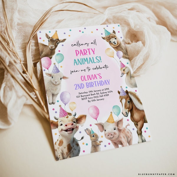 Girl Farm Animals Birthday Invitation Pink Farm Barnyard First Birthday Party Animals Balloon Confetti Download Editable Template FARM3