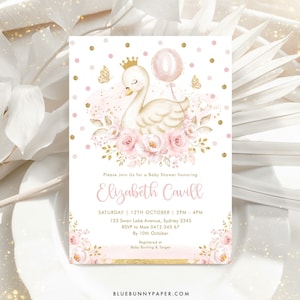 Editable Swan Princess Baby Shower Invitation Pink and Gold Swan With Balloon Butterfly Baby Girl Printable Instant Download Template, SWAN5