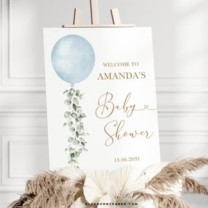 Blue Balloon Welcome Sign Eucalyptus Balloon Boy Baby Shower Editable Template Modern Greenery Balloon Printable Decoration Download BL1