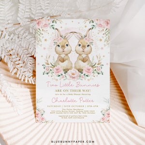 Invito per baby shower con coniglietto gemello MODIFICABILE Invito per coniglietto per neonate gemelle acquerello rosa giardino floreale Modello coniglietto pasquale Scarica BUN3