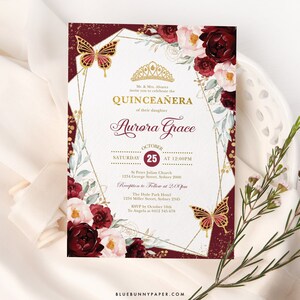 Burgundy Blush Floral Quinceañera Invitation Butterflies Mis Quince Anos 15th Birthday Editable Template Sweet 16 Printable Download, FLO24