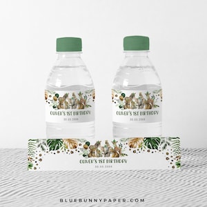 Étiquette de bouteille d’eau Party Animals, Jungle Safari Wild One 1st Birthday Favors, Feuilles tropicales Baby Shower Party Decor MODÈLE MODIFIABLE SAF4