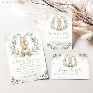 Greenery Bunny Baby Shower Einladung Bundle Eukalyptus Kaninchen Geschlecht Neutral Invite Set Buch Anfrage Windel Tombola EDITIERBARE VORLAGEN, BUN1