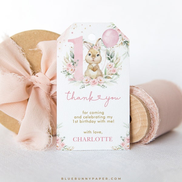 Editable Pink Bunny Balloon Favor Tag Girl Rabbit 1st Birthday Thank You Favors First Birthday Gift Tag Template Instant Download BUN3