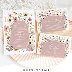 Fairy Baby Shower Einladung Bundle Wildblumen Fee Baby Girl Invite Paket Boho Fairy Garten Windel Verlosung Editierbare Vorlagen, FA5