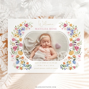 Colorful Wildflower Birth Announcement Spring Floral Garden Photo Card EDITABLE TEMPLATE Newborn Baby Girl Instant Download FLO2