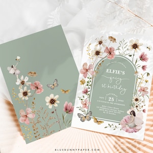 Boho Fairy 1e verjaardagsuitnodiging salie groene fee eerste verjaardag tuinfeest uitnodiging gedempt Blush Wildflower BEWERKBARE sjabloon downloaden FA5