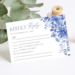 EDITABLE Delft Blue Chinoiserie Wedding RSVP Card, Blue White Porcelain Wedding Insert Template, Coastal Floral Corjl Instant Download, BW1