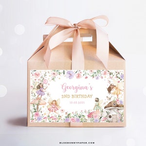 Etichetta modificabile della scatola del timpano della festa di compleanno della fata Fata floreale incantata della principessa 1° compleanno della ragazza Etichetta della scatola regalo del partito Download istantaneo FA4