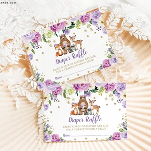 Floral Woodland Diaper Raffle Purple Floral Forest Animals Baby Shower Invitation Insert Lavender Forest Baby Girl INSTANT DOWNLOAD, WOOD34
