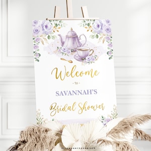 Bridal Shower Tea Party Welcome Sign Lavender Gold Bridal Brunch Editable Template Purple Floral Tea Time Printable Instant Download FLO42