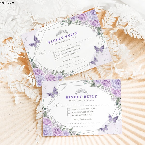 Purple Silver Quinceañera RSVP Card EDITABLE Mis Quince 15 Anos Birthday Insert Template Lavender Lilac Floral Printable Download, FLO21