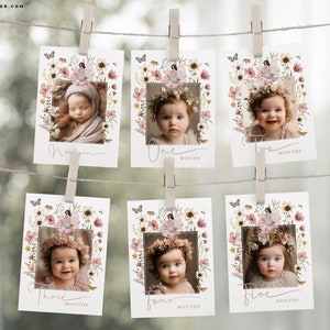 Fairy First Birthday Photo Banner Wildflower Fairy 1st Birthday Monthly Milestone Photo Cards Boho Photo Banner EDITABLE TEMPLATE FA5