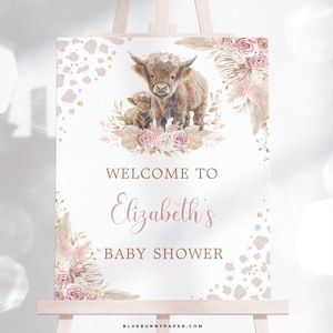 Holy Cow Baby Shower Welcome Sign, Boho Highland Cow Party Sign, Dusty Pink Floral Pampas Baby Girl EDITABLE TEMPLATE Instant Download, CW2