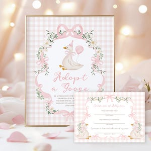May include: A framed print and certificate with a pink and white gingham pattern. The print features a goose wearing a party hat and holding a balloon, with the text "Adopt a Goose". The certificate has the same design.