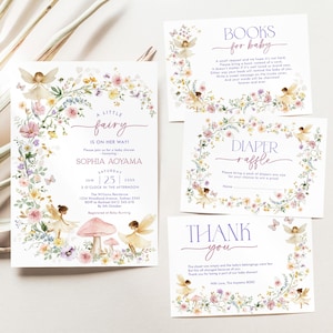 Wildblumenfee Babypartyeinladungspaket Blumenfee Baby Mädchen laden Paket Pastellfee Gartenparty Set bearbeitbare Vorlagen, FA10