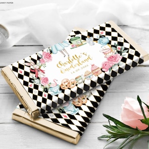 Editable Alice in Wonderland Chocolate Wrapper, Mad Hatter Tea Party Birthday Candy Bar Wrapper, Baby Shower Favors Template Download, AL1