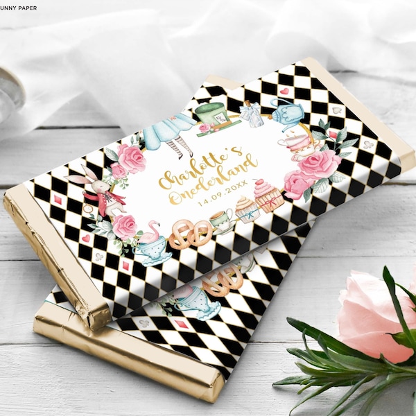 Editable Alice in Wonderland Chocolate Wrapper, Mad Hatter Tea Party Birthday Candy Bar Wrapper, Baby Shower Favors Template Download, AL1