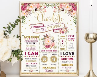 Editable Blush Gold Pink Floral 1st Birthday Chalkboard Poster. Boho Flower Milestone Board. Chic Roses Printable Template Download. FLO7