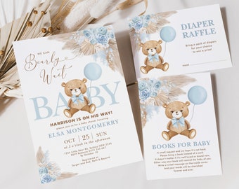 Boho Teddy Bear Baby Shower Invitation Bundle Teddy Bear Blue Balloon Books for Baby Diaper Raffle Templates EDITABLE Download Set, BR11