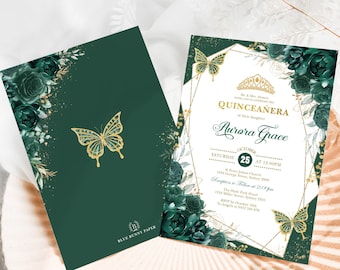 Emerald Green Floral Quinceañera Invitation Butterflies Mis Quince Anos 15th Birthday Editable Template Sweet 16 Printable Download, FLO17