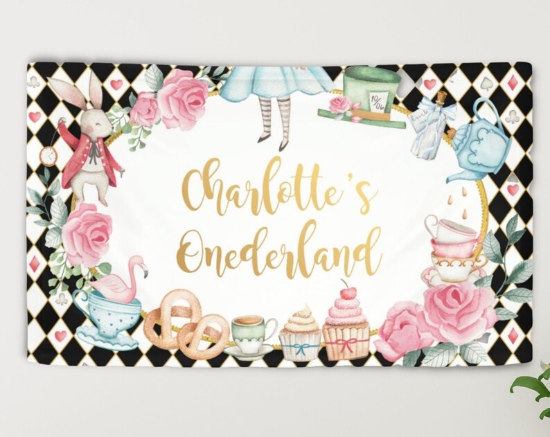 Alice in Wonderland 1st Birthday Backdrop Banner Mad Hatter Tea Party Table Sign Alice in Onederland EDITABLE TEMPLATE