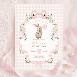 May include: A pink and white gingham patterned birthday invitation with a watercolor illustration of a bunny holding a pink balloon. The invitation includes the text "Some Bunny is One" and details for Sabrina's 1st birthday.