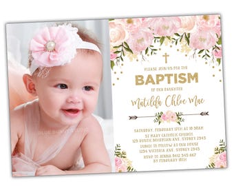 Girl Baptism Invitation Pink Gold Christening Printable Etsy