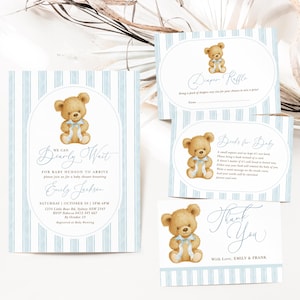 Teddy Bear Baby Shower Invitation Bundle, We Can Bearly Wait Boy Baby Shower Invite Package, Preppy Blue Bow Bear Editable Templates, BR15