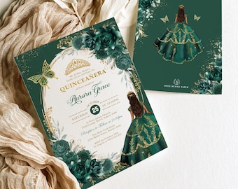 Emerald Green Quinceañera Invitation Crown Princess Mis Quince 15 Anos Sweet 16 Birthday EDITABLE Invite Template Printable Download FLO17