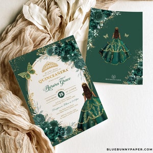 Emerald Green Quinceañera Invitation Crown Princess Mis Quince 15 Anos Sweet 16 Birthday EDITABLE Invite Template Printable Download FLO17