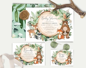 EDITABLE Greenery Woodland Baby Shower Invitation Bundle. Forest Animals Books for Baby Card. Diaper Raffle Printable Download. WOOD24