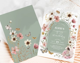 Boho Fairy 1st Birthday Invitation Sage Green Fairy First Birthday Garden Party Invite Muted Blush Wildflower EDITABLE Template Download FA5