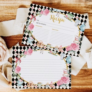 Cartões de receitas de Alice no País das Maravilhas, Pedido de receita de chá de panela para festa de chá preto rosa, Download instantâneo para impressão de chá de bebê do Chapeleiro Maluco, AL1