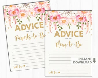 Boho Floral Baby Shower Advice Cards. Pink Gold Confetti Flower Baby Girl Game. Advice for Mom To Be & Parents To Be. Dreamcatcher FLO12A