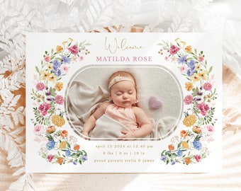 Colorful Wildflower Birth Announcement Spring Floral Garden Photo Card EDITABLE TEMPLATE Newborn Baby Girl Instant Download FLO2