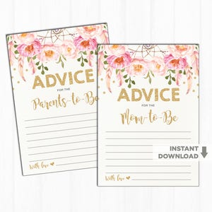 Boho Floral Baby Shower Advice Cards. Pink Gold Confetti Flower Baby Girl Game. Advice for Mom To Be & Parents To Be. Dreamcatcher FLO12A image 1