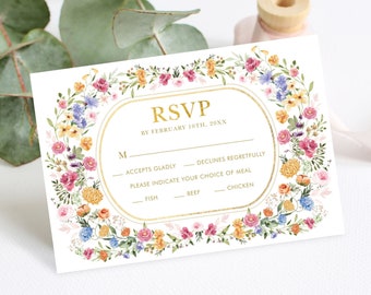Cartão RSVP de casamento de flores de jardim EDITÁVEL, modelo colorido de inserção de casamento de flores silvestres, festa floral de primavera Corjl download para impressão, FLO2