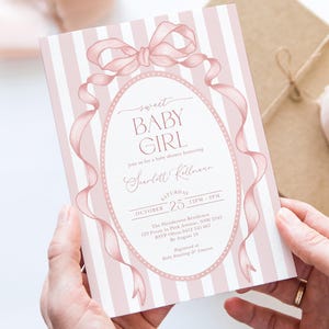 Coquette roze strik baby shower uitnodiging sjabloon, roze lint baby shower uitnodiging, babyshower bewerkbare direct downloaden, BOW5