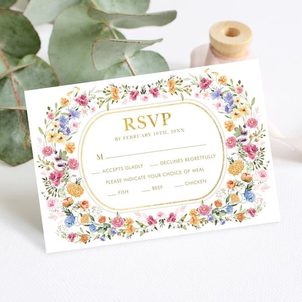 EDITABLE Garden Flowers Wedding RSVP Card, Colorful Wildflower Wedding Insert Template, Spring Floral Party Corjl Printable Download, FLO2